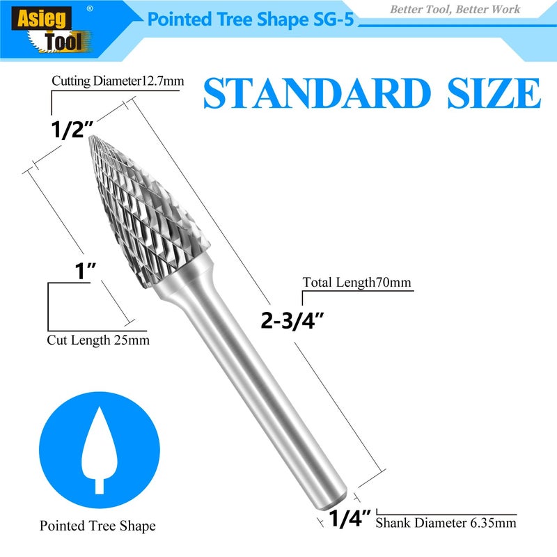 Asieg Tool SG-5 Tungsten Carbide Burr Rotary File Pointed Tree Shape Double Cut with 1/4''Shank for Die Grinder Drill Bit - Image 2